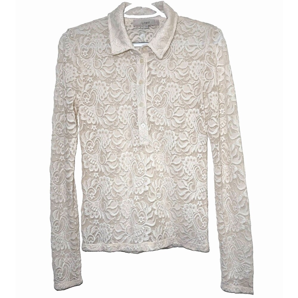 LOFT Ivory Floral Lace Knit Polo Top Women’s Medium Stretch Long Sleeve Sheer M